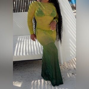 Sheer Ombre Green Long Sleeve Maxi Dress